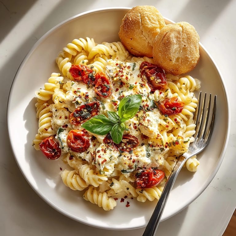 Close-up of baked feta pasta with herbs, offering a comforting meal with soft cloud bread fusion.