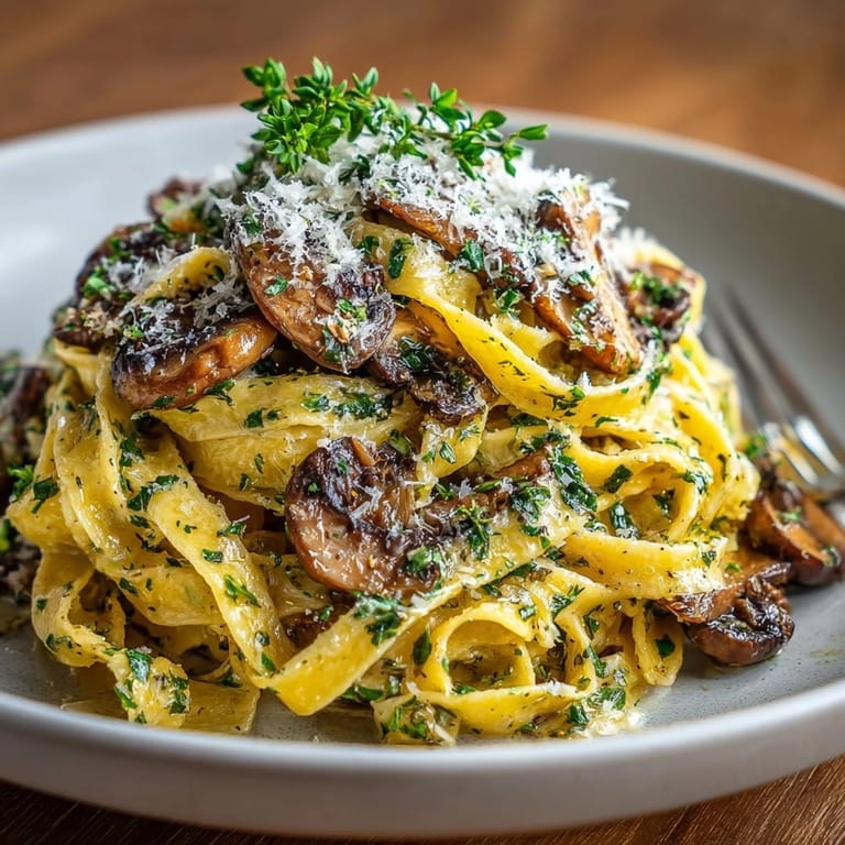 Creamy, rich Mushroom Duxelles Pasta with Truffle Oil Mist, showing a deep, savory sauce.