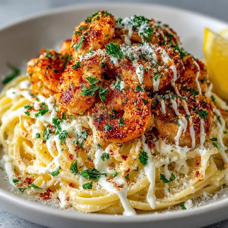 Spicy Nashville Hot Shrimp Pasta, imagined with a drizzle of tangy comeback sauce and parsley.