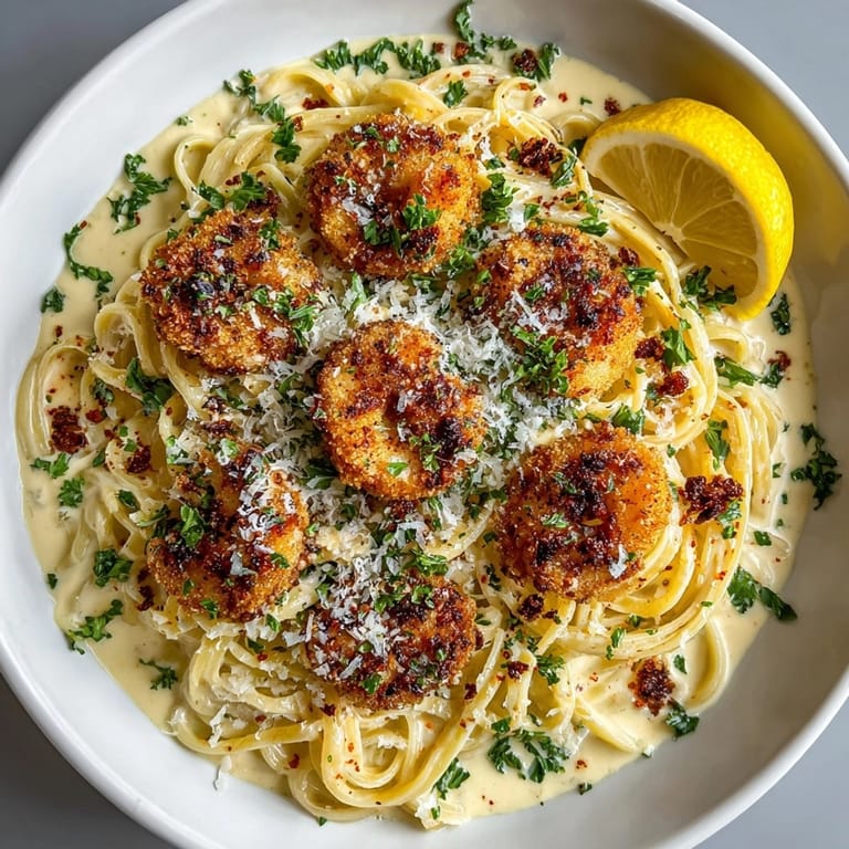 Plate of Nashville Hot Shrimp Pasta, featuring crispy shrimp and a flavorful creamy sauce, ready to eat.