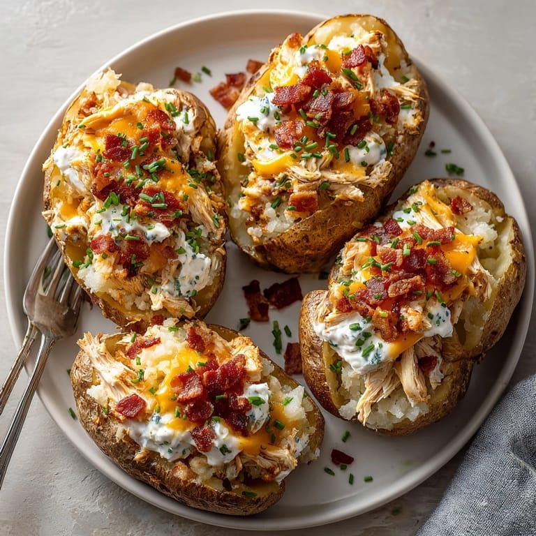 Golden Cheesy Chicken Bacon Ranch Stuffed Potatoes garnished with chives and extra cheese for a flavorful meal.