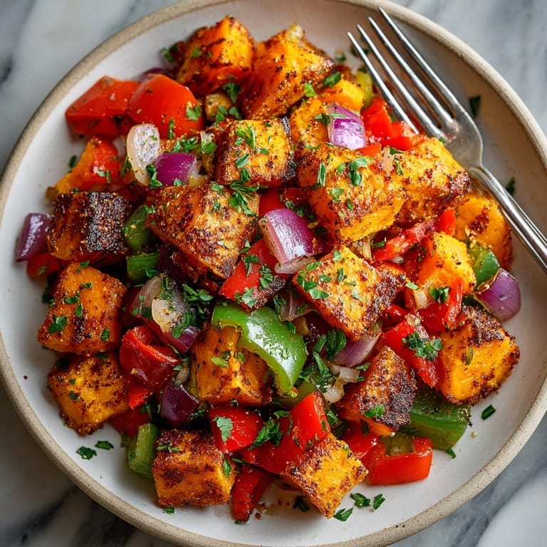 Golden sweet potatoes and bell peppers in cinnamon-spiced hash, perfect for hearty vegetarian brunch.