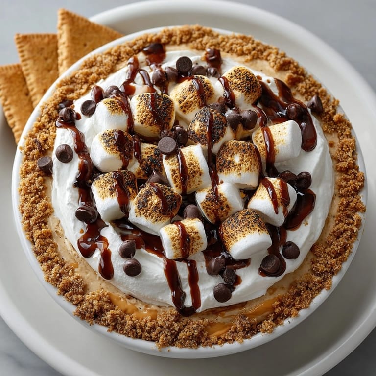 Warm Peanut Butter S’mores Dip served with toasted marshmallows and buttery graham cracker crumble on top.