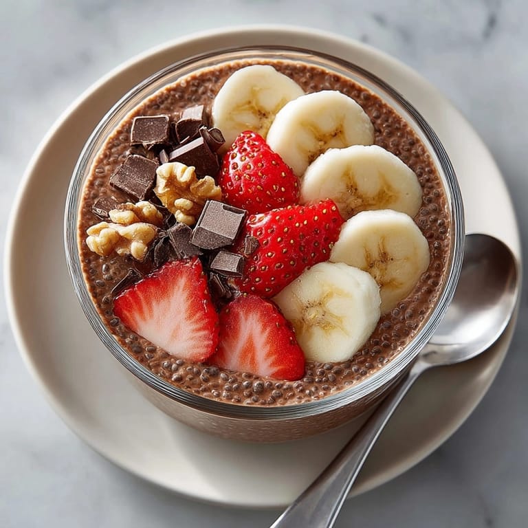 Rich and silky Protein-Packed Chocolate Chia Pudding chilled and garnished for a healthy vegan breakfast option.