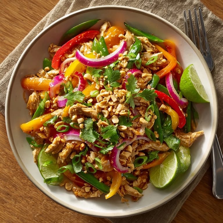 Close-up of Thai Peanut Chicken Stir-Fry showing tender chicken, crisp peppers, and spicy peanut glaze