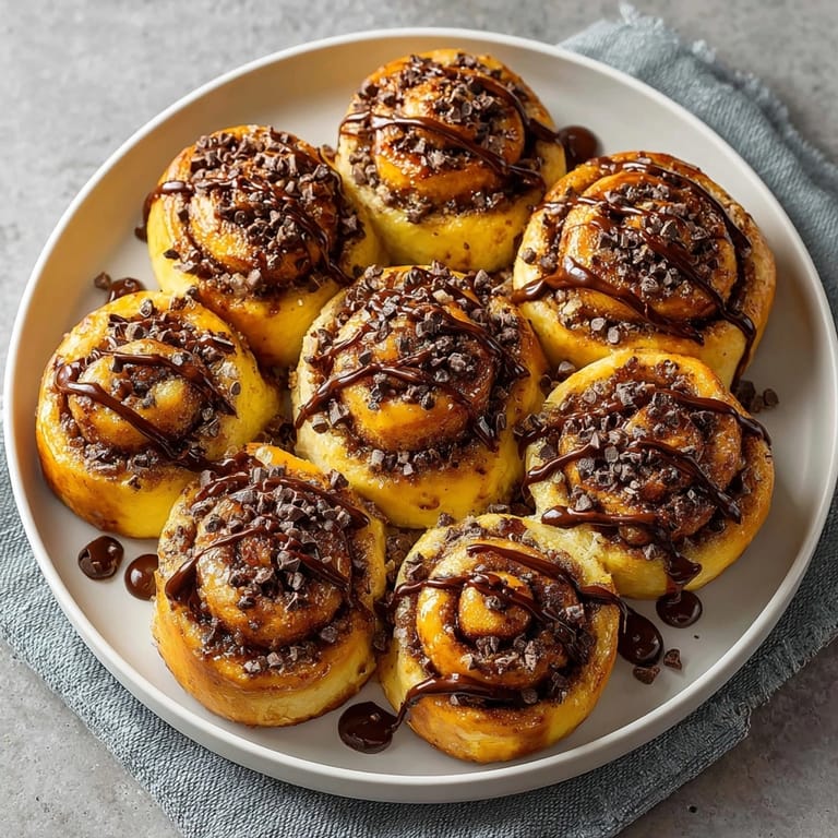 Chocolate cinnamon rolls served hot from the oven, perfect with coffee for a cozy dessert treat.