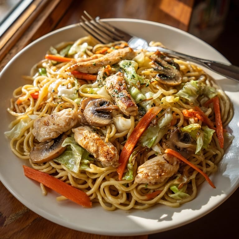 Savory Chicken Lo Mein topped with colorful veggies and a glossy homemade soy sauce glaze.