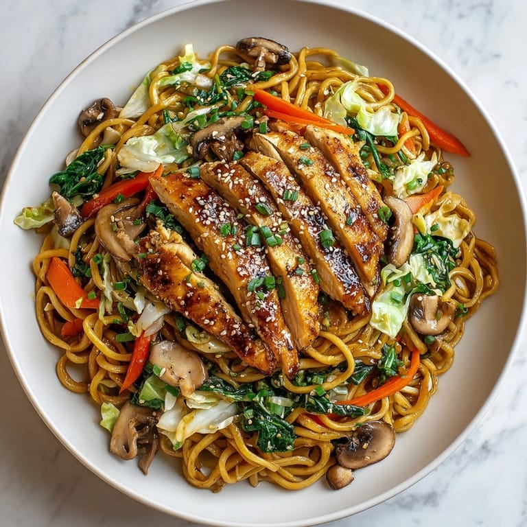 Classic Chicken Lo Mein noodle stir-fry in a skillet, ready for a cozy family dinner.