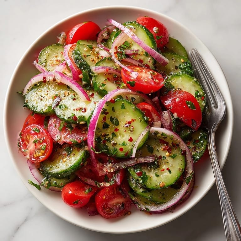 Freshly prepared Marinated Cucumbers, Onions, and Tomatoes with herbs, chilled and perfect for a summer picnic.