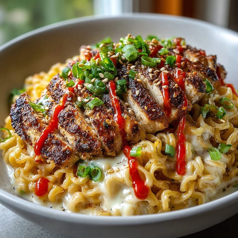 Close-up of bold, spicy Fiery Chicken Ramen noodles in rich creamy garlic sauce.
