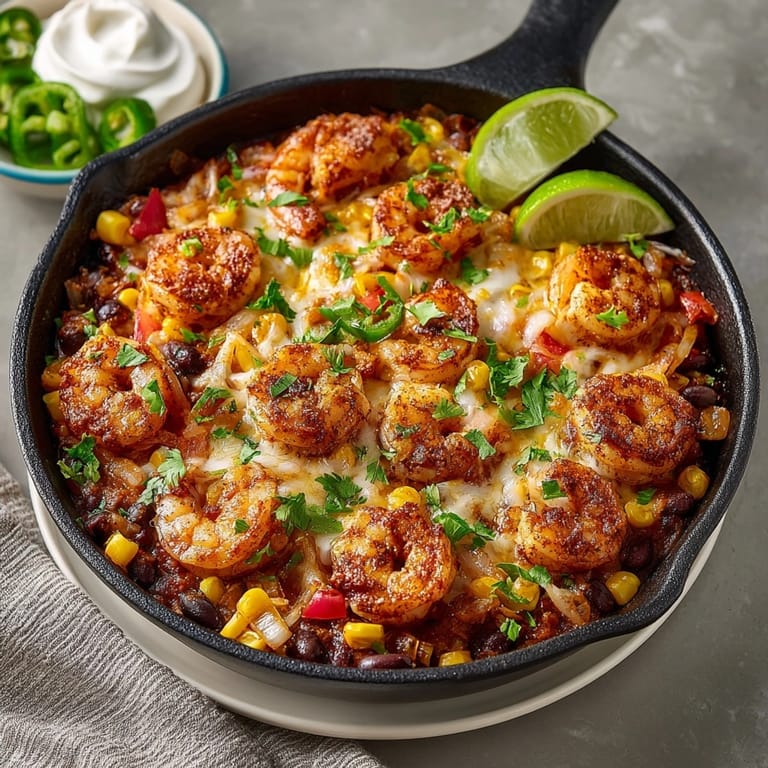 Cheesy Shrimp Enchilada Skillet: Tex-Mex comfort in a single pan, steaming and flavorful.