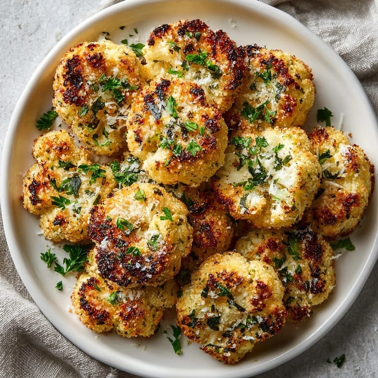 Close-up showing tender, baked Garlic Parmesan Cauliflower Bites plated with parsley and grated cheese.