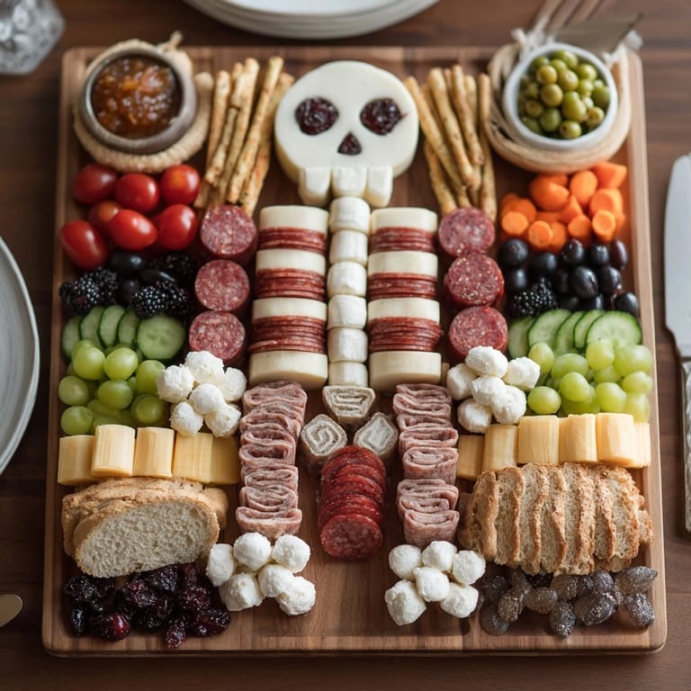 Deconstructed Skeleton Charcuterie Meat &amp; Cheese Board; ideal Halloween appetizer featuring crisp crackers and brie bones.