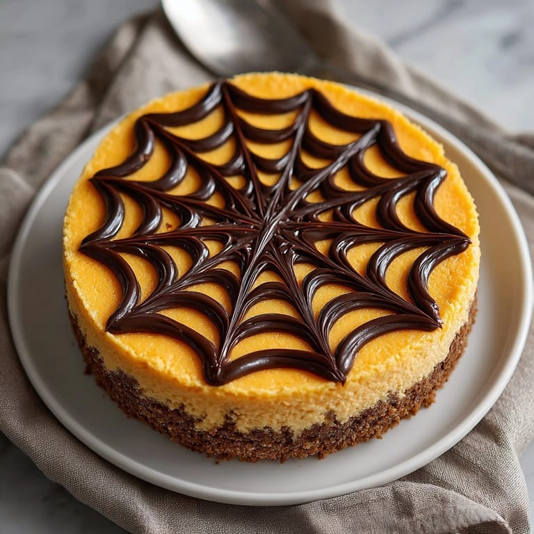 Decadent autumn Spiderweb Pumpkin Cheesecake; the creamy base, delicious seasonal flavors filling every yummy bite.