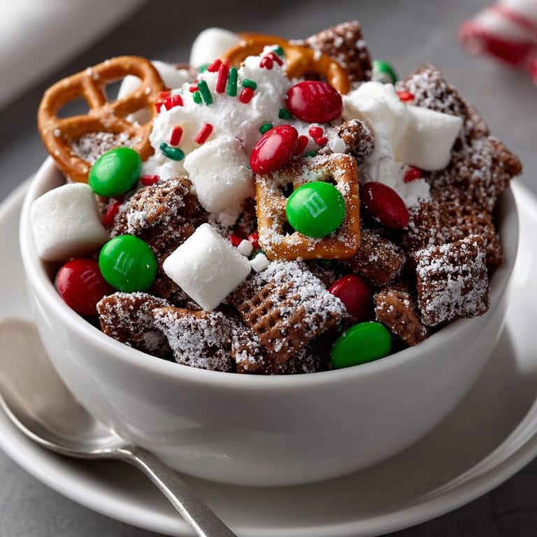 Homemade Reindeer Chow, coated in peanut butter and chocolate then dusted with powdered sugar.