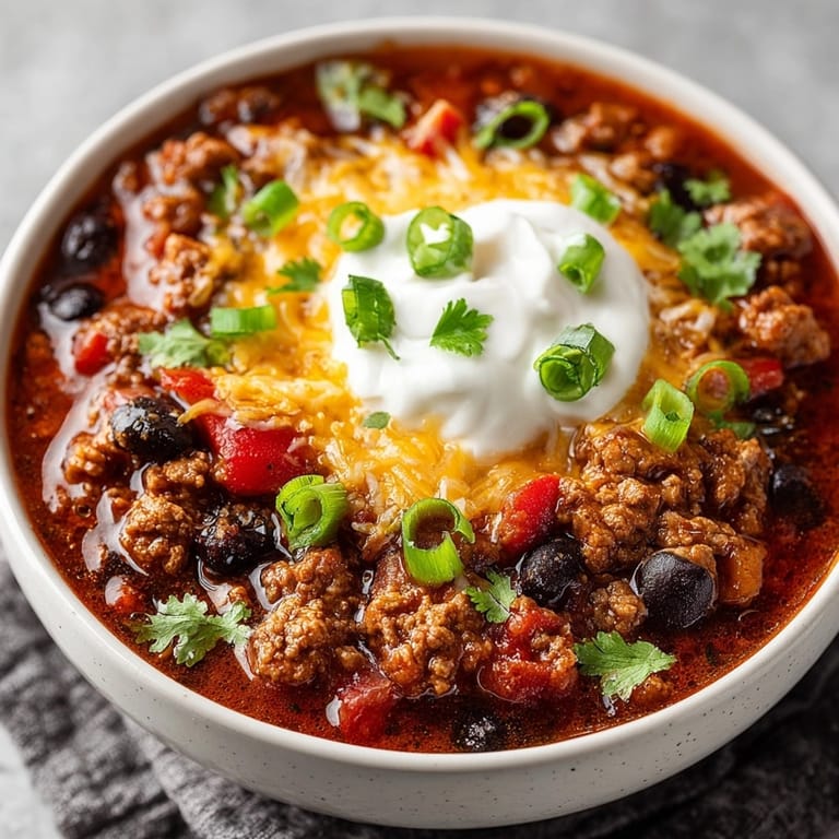 Close-up of rich, flavorful Coziest Pumpkin Spice Chili simmering in a Dutch oven.