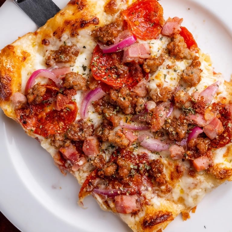 Close-up of a delicious Meat Lovers Pizza, showing visible steam and melted, browned cheese.