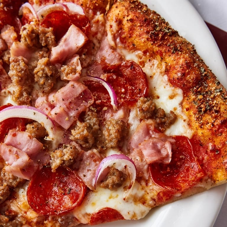 Homemade Meat Lovers Pizza recipe with crispy crust and generous layers of meats and cheese.