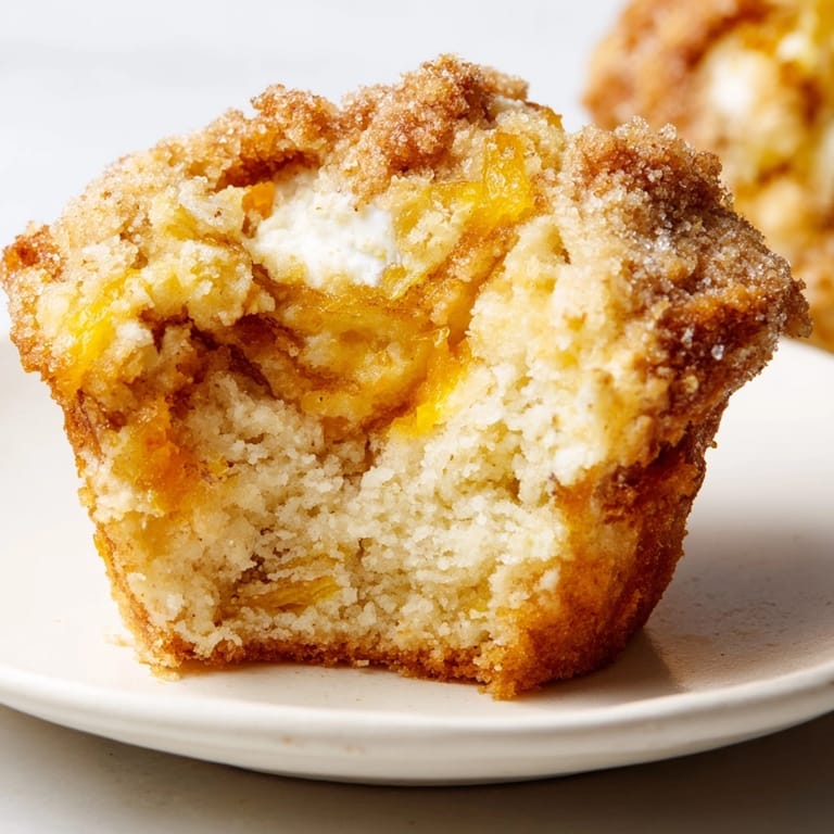 Close-up of a textured Ricotta Orange Twist Muffin, topped with coarse sugar crystals.