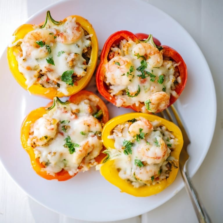 Warm and comforting Shrimp Alfredo Stuffed Bell Peppers, ready to be served with fresh parsley.
