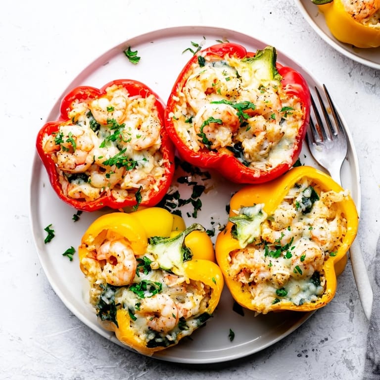 Italian-American inspired Shrimp Alfredo Stuffed Bell Peppers recipe: cheesy, creamy, and healthy comfort food.