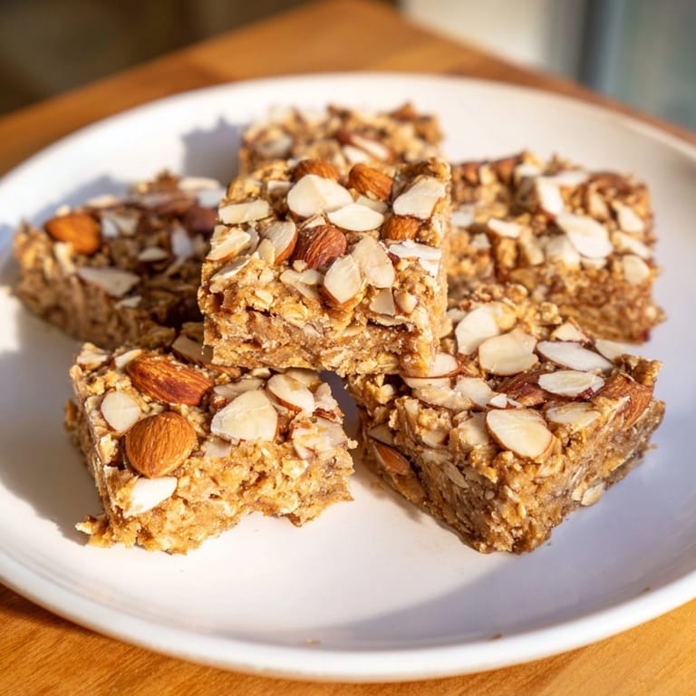 Close-up of baked Protein Cinnamon Almond Squares, showing almond slices and chewy texture.