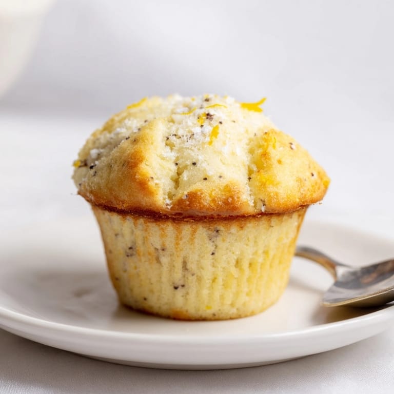 Close-up of speckled, fluffy Ricotta Lemon Poppyseed Muffins showcasing their moist crumb.