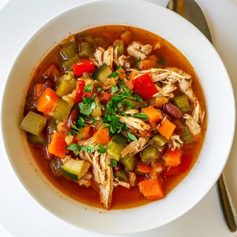 Enjoy savory homemade Cajun Turkey Veggie Soup topped with fresh herbs for warmth.