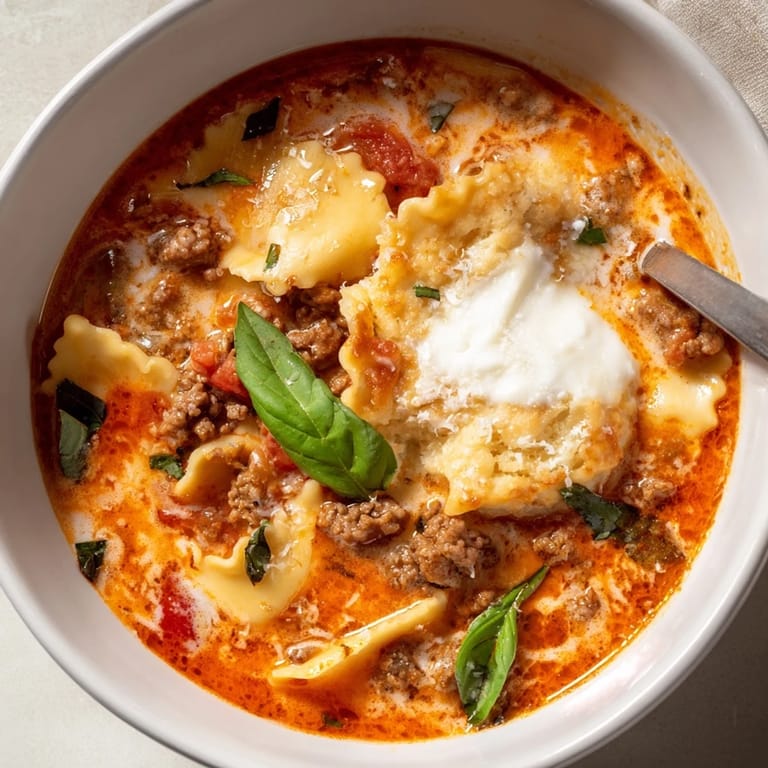 Savor the rich lasagne soup paired with fluffy, melted cheese biscuit delights.