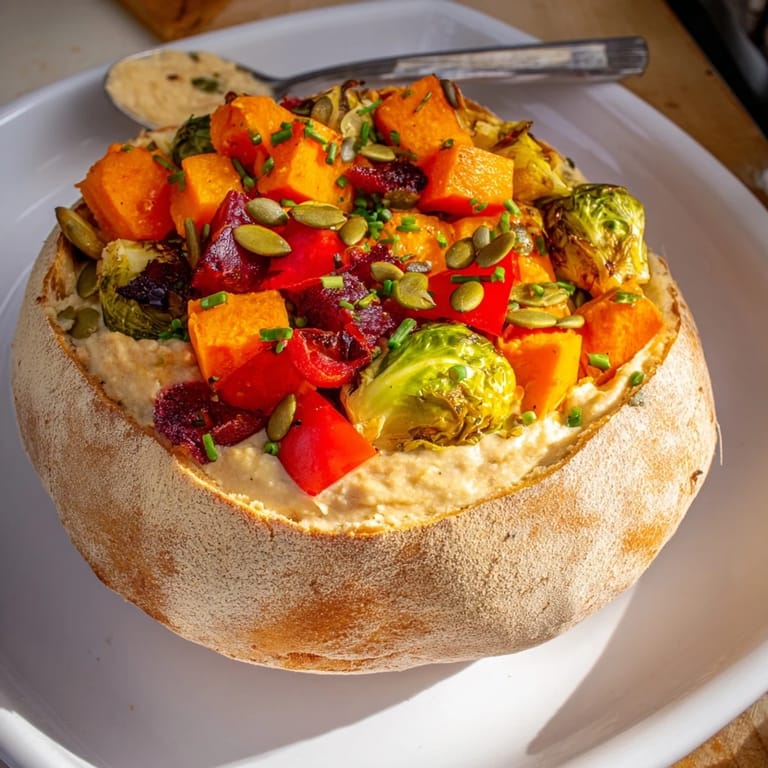 Delightfully warm Thanksgiving Veggie Stuffed Dip Bowls served with crispy bread for dipping.  