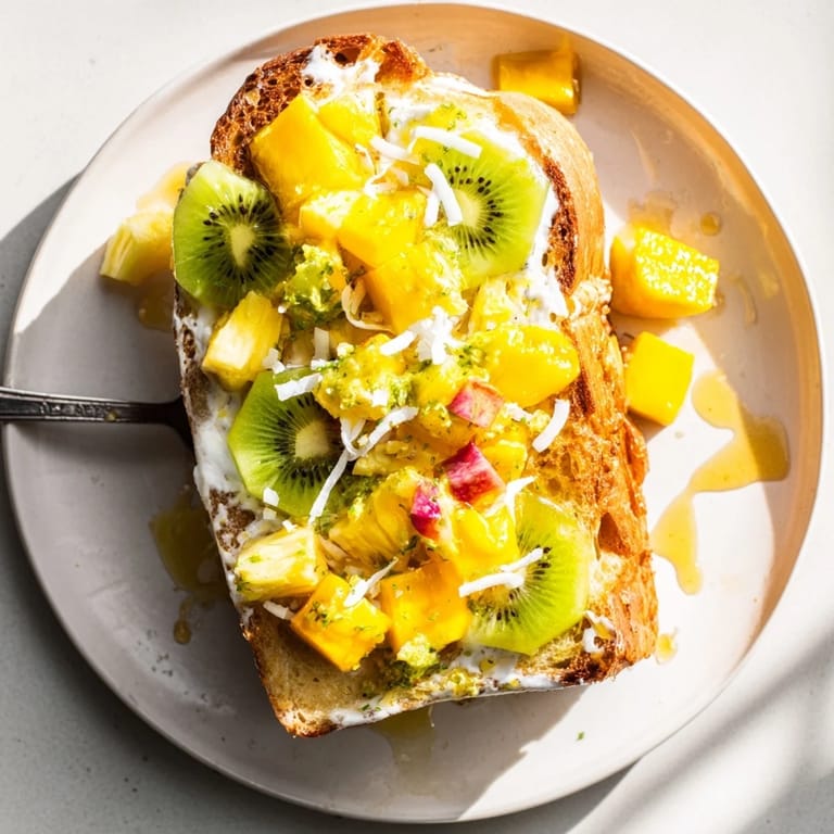 Decadent yogurt-custard toast garnished with pineapple and coconut for a refreshing morning bite.