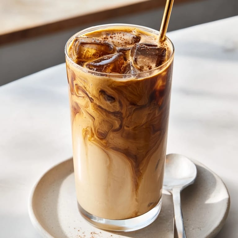 Deliciously creamy tahini iced coffee served over ice and drizzled with maple.  