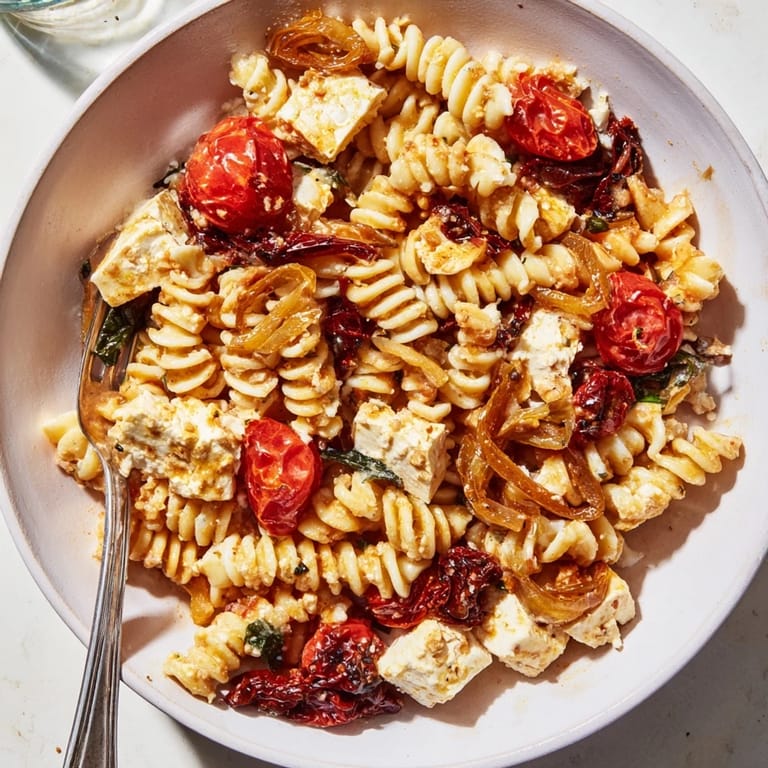 Golden brown feta and vibrant tomatoes create a luscious Baked Feta Pasta dish.  