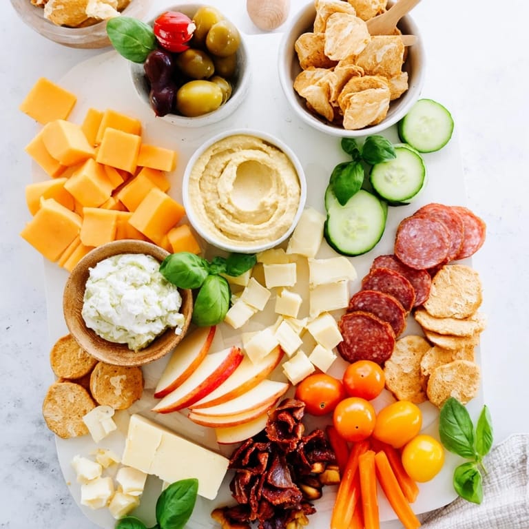 Delightful Girl Dinner Platter showcasing creamy cheeses and vibrant fresh snacks.