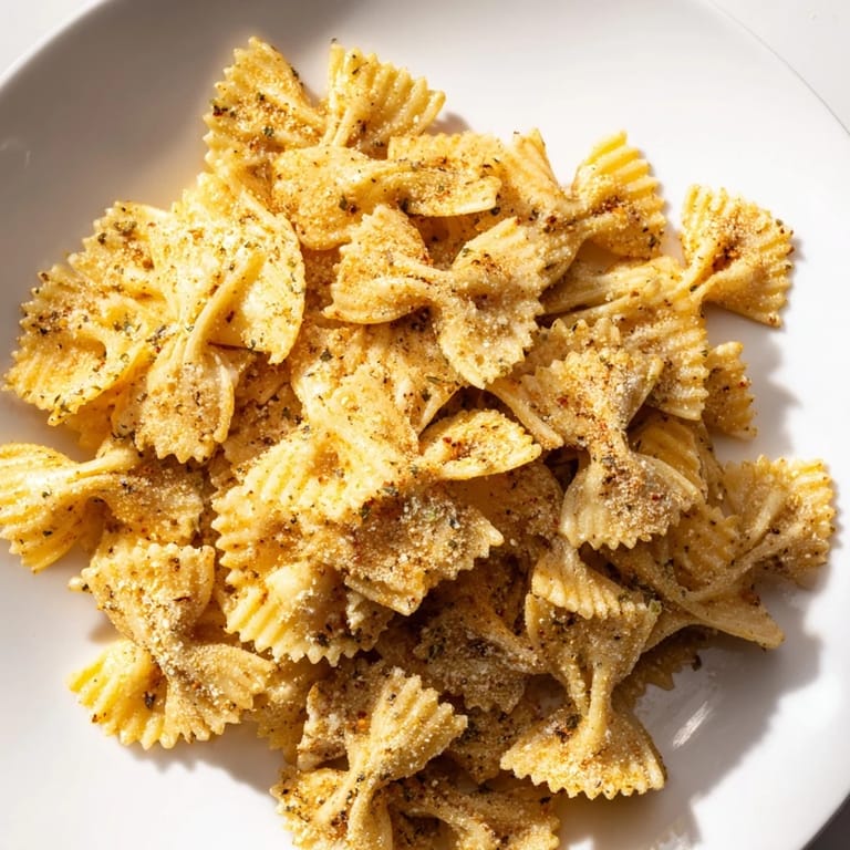 Savory seasoned pasta chips fresh from the oven, ideal for any gathering or party.