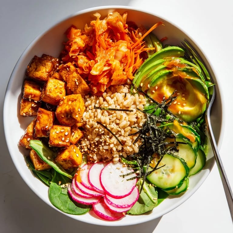 Colorful Fermented Vegetable Bowl featuring wholesome grains, kimchi, and creamy avocado slices.  