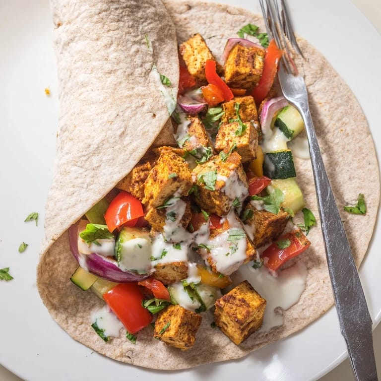 Colorful plant-based wraps filled with marinated tofu, fresh veggies, and parsley.  