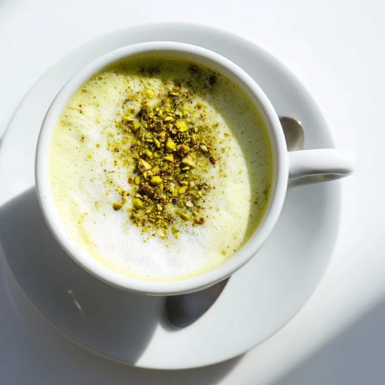 Indulge in a warm pistachio milk latte, garnished with nutty crushed pistachios for flavor.