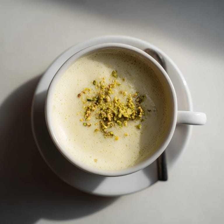 Homemade pistachio milk latte brewed to perfection, showcasing nutty flavors and rich texture.  