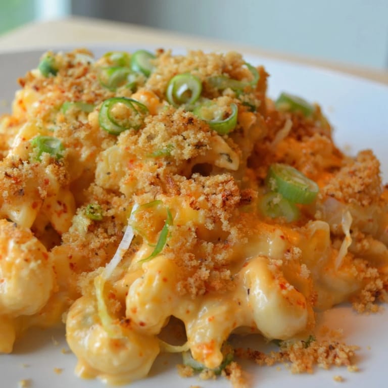 Indulgent Spicy Kimchi Mac & Cheese, perfect for a cozy dinner night.  