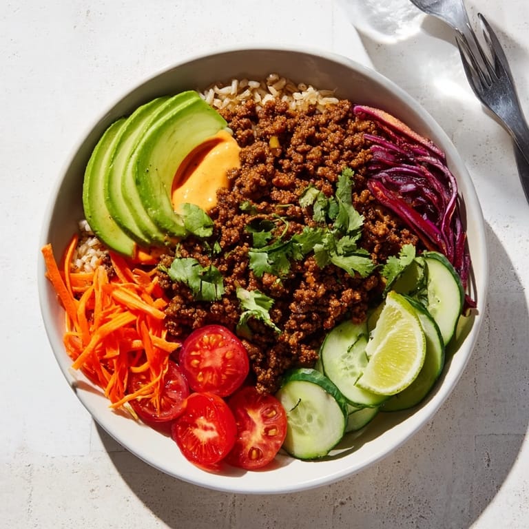 Delicious Plant-Based Meat Bowl bursting with color, flavor, and healthy toppings.  