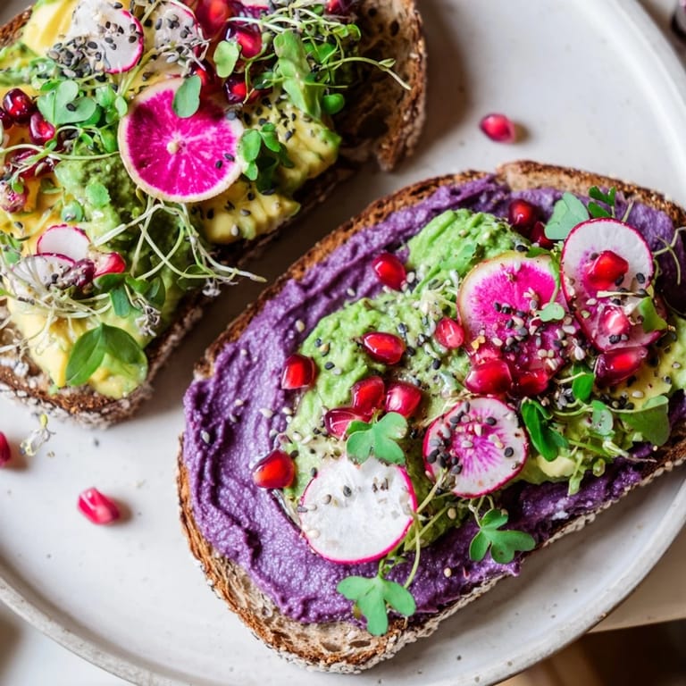 Colorful breakfast toasts featuring ube spread, avocado, and lively garnishes for vibrant mornings.  