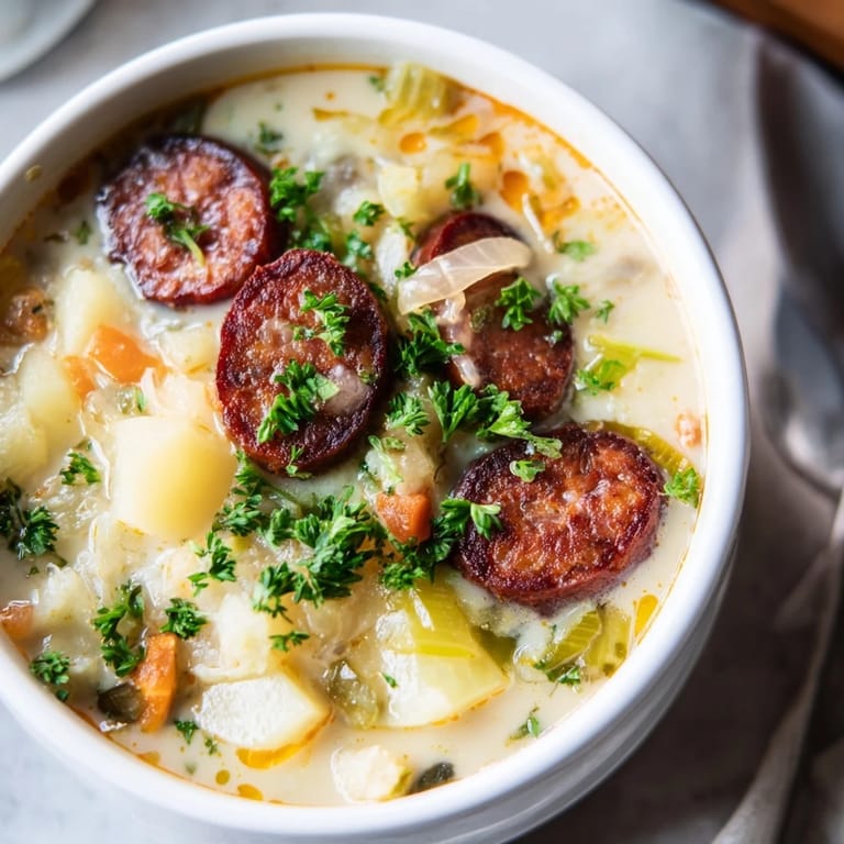 Warm Potato, Leek & Chorizo Soup highlighting tender vegetables and spicy chorizo goodness.