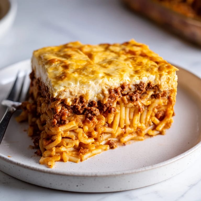 Golden-brown Greek pastitsio with rich meat sauce and velvety béchamel on top.  