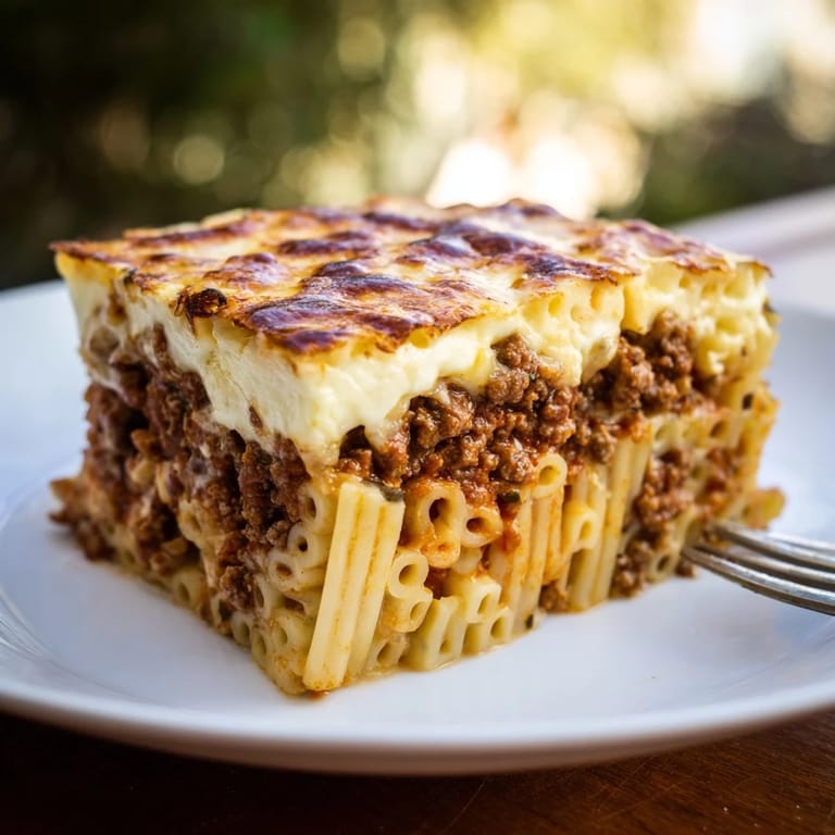 Warm, comforting Greek pastitsio, featuring tender pasta and savory spiced beef layers.
