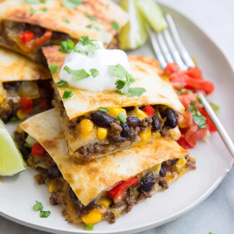 Savory Sheet Pan Quesadillas with Beef, offering layers of rich flavors and colorful ingredients.