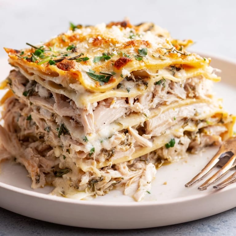 Layers of tender chicken and creamy béchamel in Rosemary Chicken Lasagna, a comforting delight.