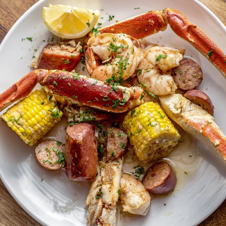 A generous serving of seafood boil, featuring crab, shrimp, sausage, and corn, drizzled with butter.