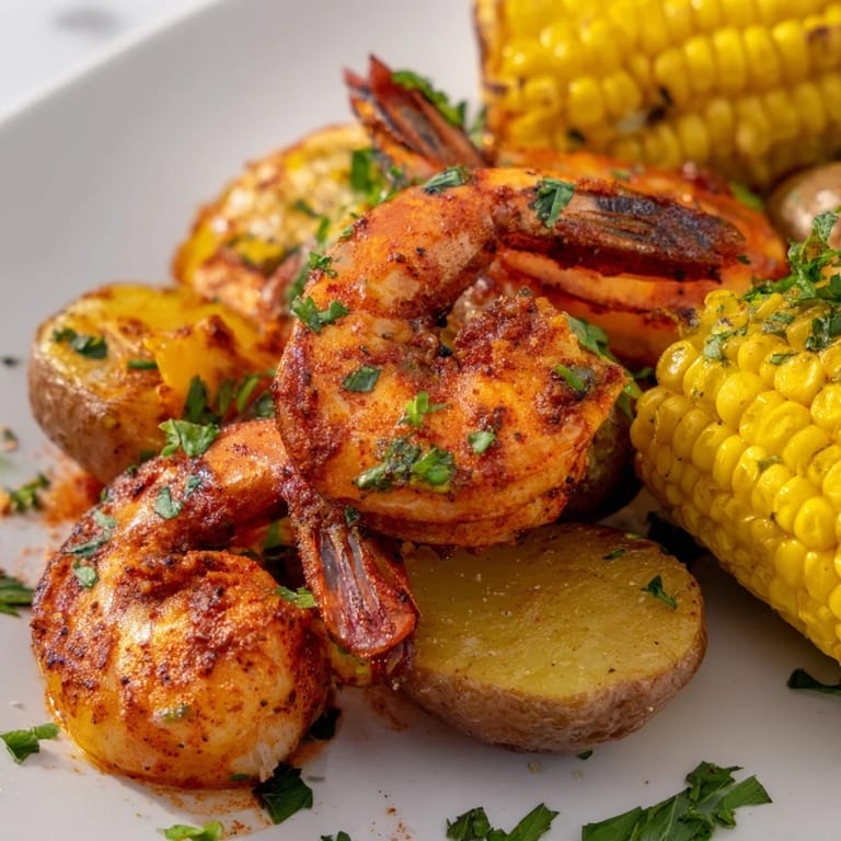 Delicious Cajun Shrimp & Sweet Corn Platter with perfectly cooked shrimp and tender potatoes.