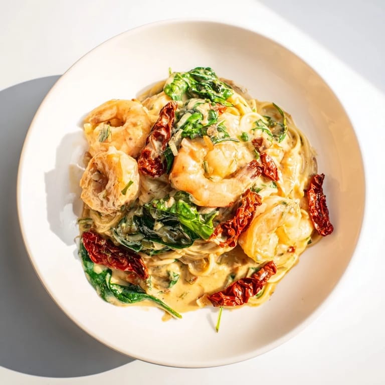 Steaming bowl of Tuscan Garlic Shrimp Pasta, ready to serve with fresh parsley garnish.